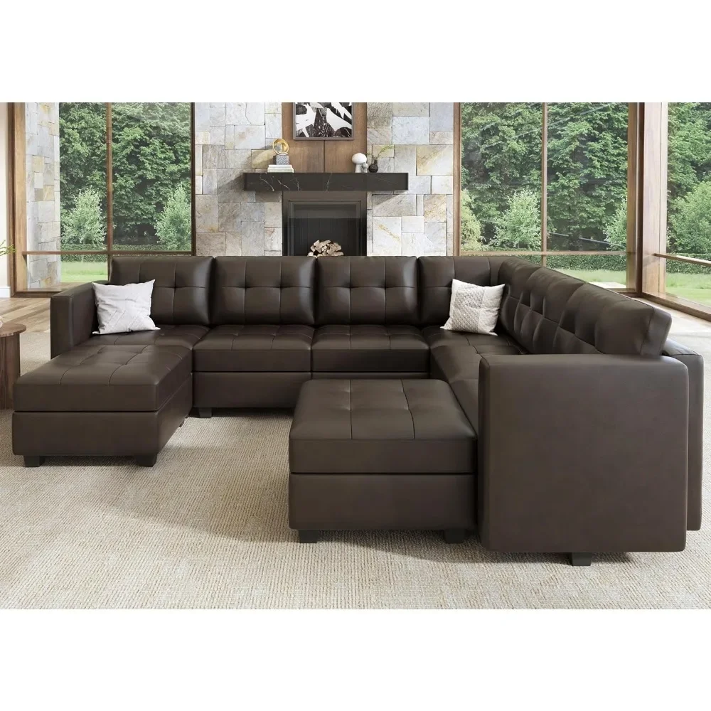 

Oversized U Shaped Couch with Ottomans and Chaises Faux Leather 8-Seater Sectional Sofa