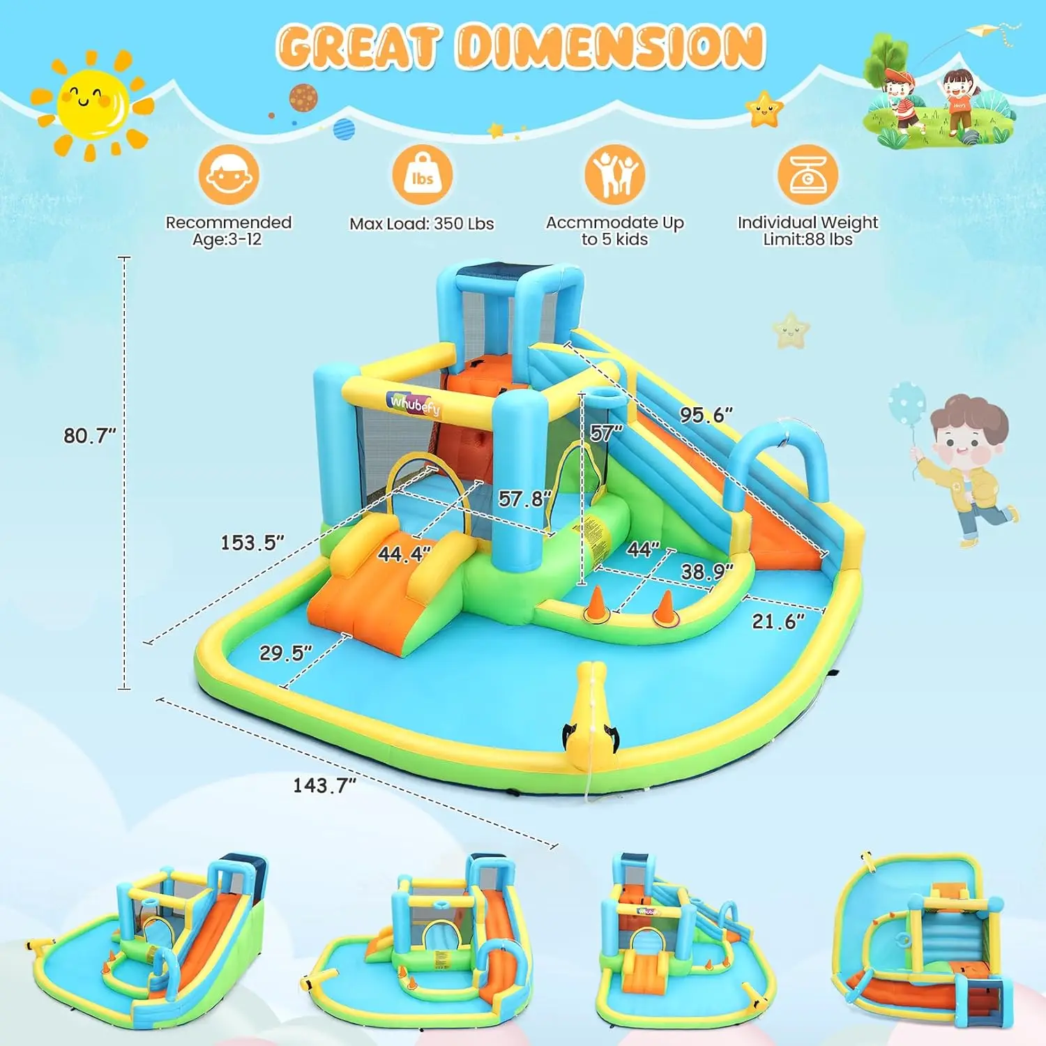 Corrediça inflável da água da casa do salto para crianças 12.7ft x12ft parque aquático com piscina de respingo, parede de escalada, conjunto de bola de captura & anel de arremesso