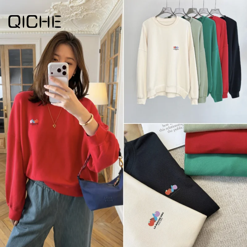 QICHE 2026 Women Crew Neck Sweatshirt, Loose Drop Shoulder Lazy Style Fruit Print Pullover Top Multi Colors For Fall Winter
