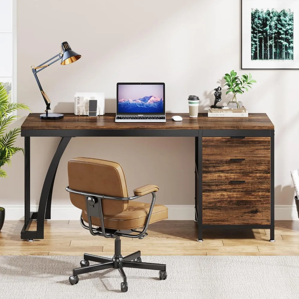 59-Inch Tribesigns Industrial Study Writing Desk with 3 Reversible Drawers for PC Workstation