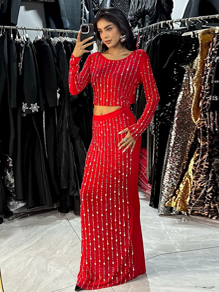 

Gorgeous Red Two - Piece Set with Sequin Embellishments Long - Sleeve Crop Top & Maxi Skirt Bodycon Christmas Outfit For Women