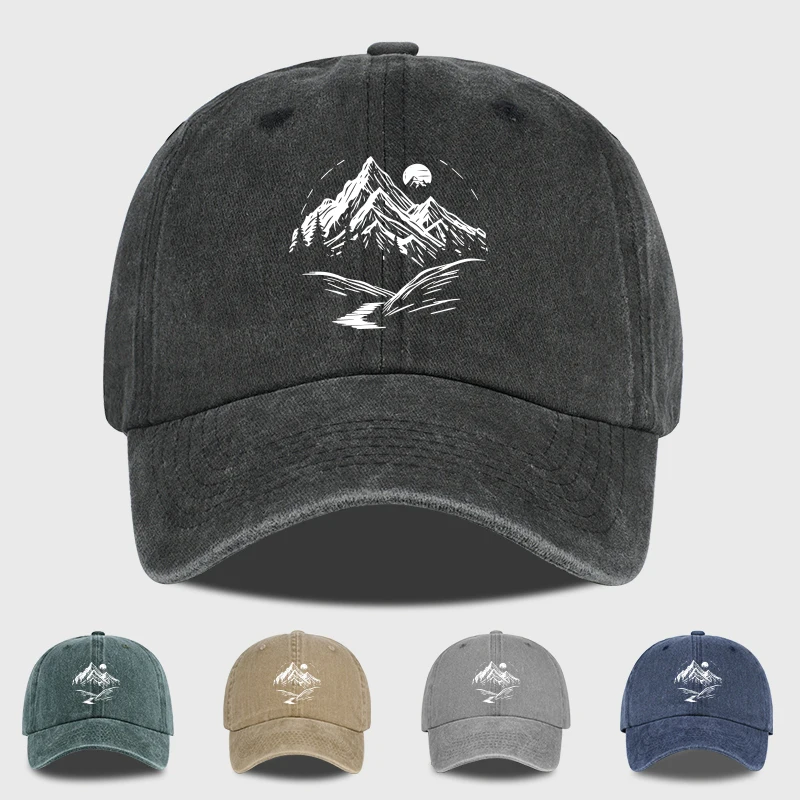 Mountain Landscape Washed Baseball Cap Adjustable Unisex Camping Travel Nature Lover Hat