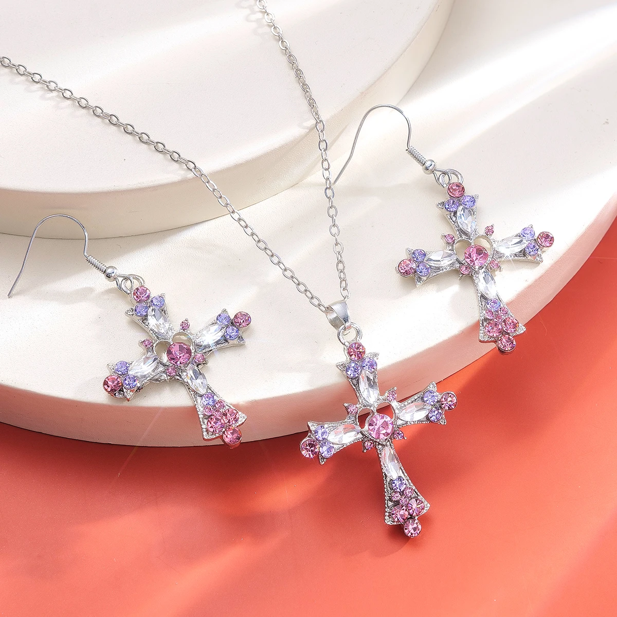 3 Pcs/Set New Fashionable And Minimalist Cross Heart Pendants Earrings Necklaces Jewelry Sets Women's Party GiftsTrendy Jewelry