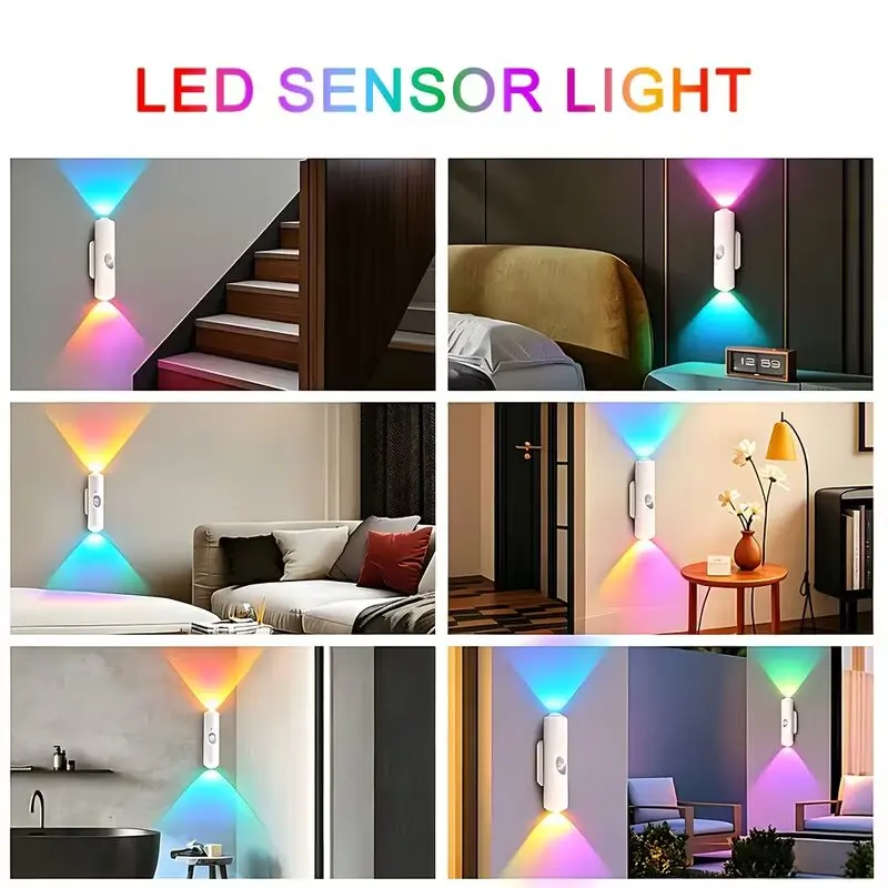 RGB Motion Sensor LED Wall Lamp, Up‑Down Dual Lighting, Type‑C Rechargeable Magnetic Installation, Color Changing Neon Hill Mood Light, Dimmable Nightlight for Bedroom Corridor Stair Decor, Perfect Christmas Gift