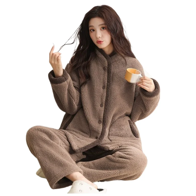 New Amber Streamer Haute Couture Pajamas Women's  Coral Fleece Loungewear Can Be Worn Outside Thickened Cheongsam Collar Set