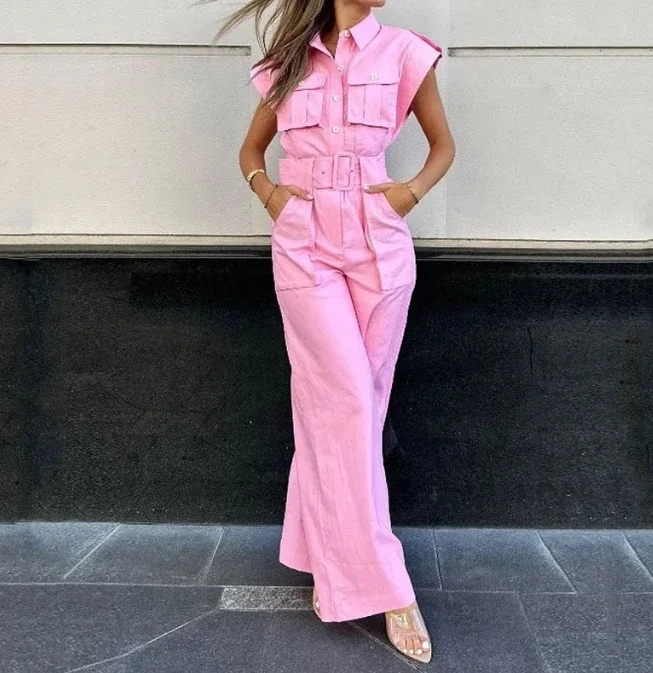 Women's Workwear Jumpsuit Personalized Street Trend Solid Color Sleeveless Half-Open Button Belted Wide Leg Jumpsuit Women