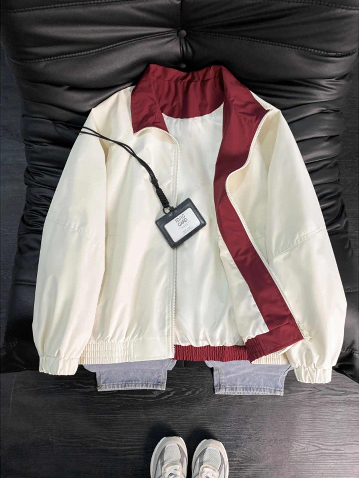 

American Color Block Flight Jacket Men's Spring Autumn Short Style Stand Collar Baseball Coat Three Proof Fleece Outerwear