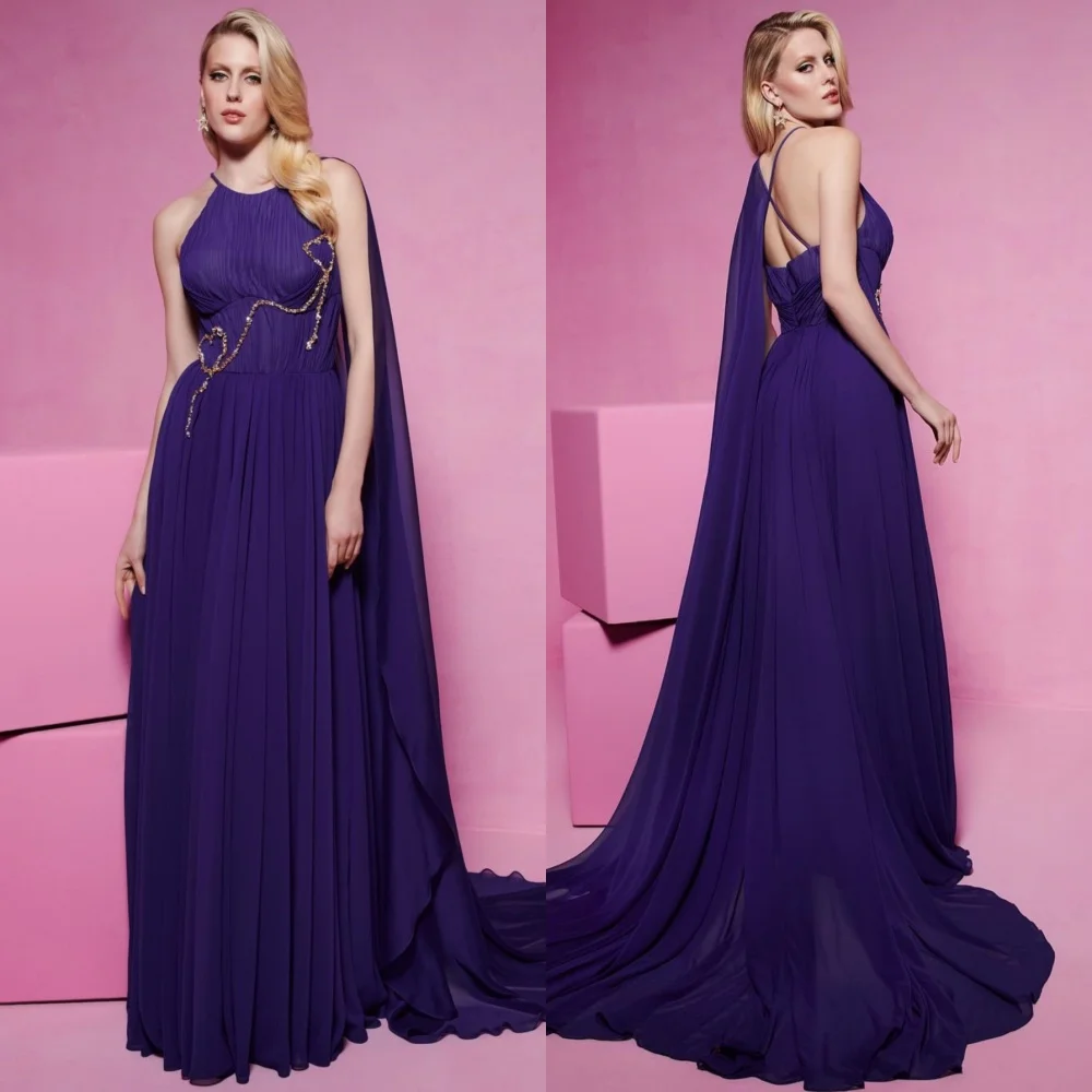 

Customized Classic Exquisite Chiffon Sequined Pleat A-line Halter Long Dresses Bespoke Occasion Sparkle