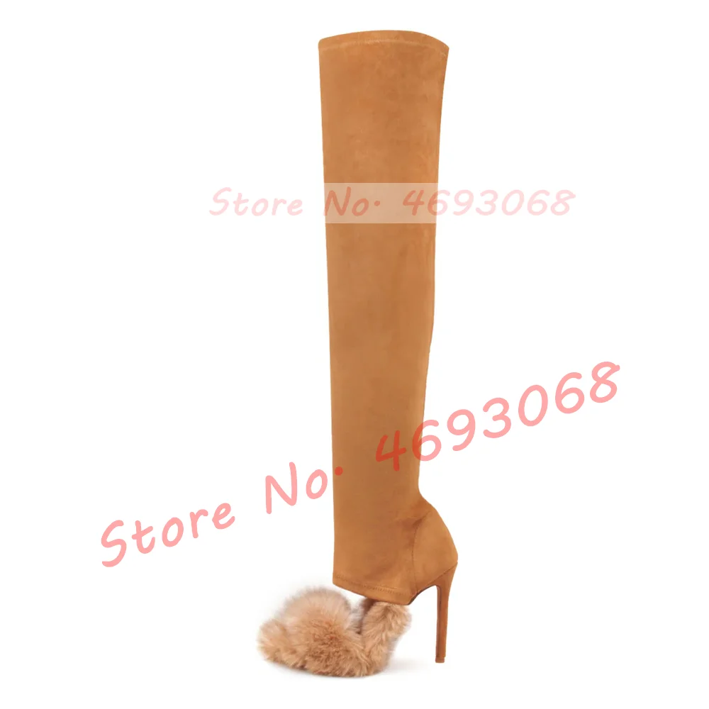 Open-Instep Slim Stretch Boots Women Nifty Furry Open Toe High Heels Fur Shoes Ladies Classy Party Slip On Suede Elastic Boots