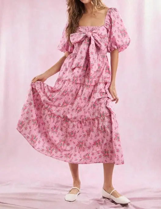 Nuovo abito da donna a maniche corte a trapezio casual estivo con stampa floreale collo quadrato abito da festa con fiocco grande per cocktail streetwear SML