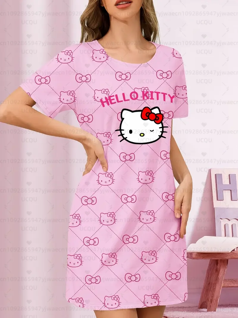 夏の女性の Tシャツドレスプラスサイズカジュアルハローキティプリント O ネックレディ半袖プルオーバードレス女性服