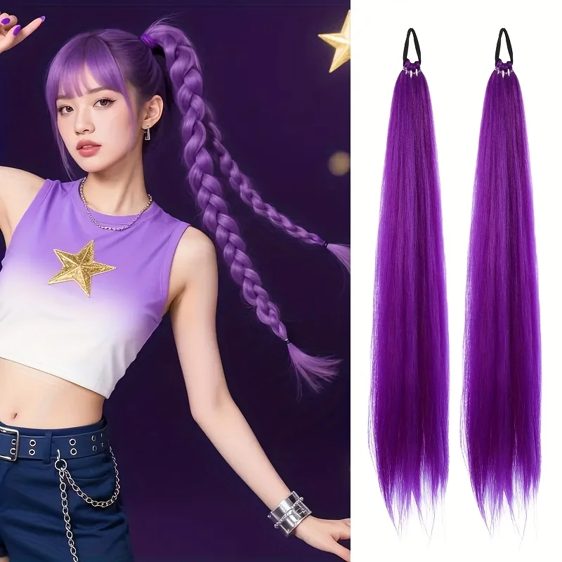 

Aosiwig Synthetic Braid Ponytail Extension with Elastic Tie Purple Blonde Straight Hair Wrap Around Braid Ponytail Women Girls