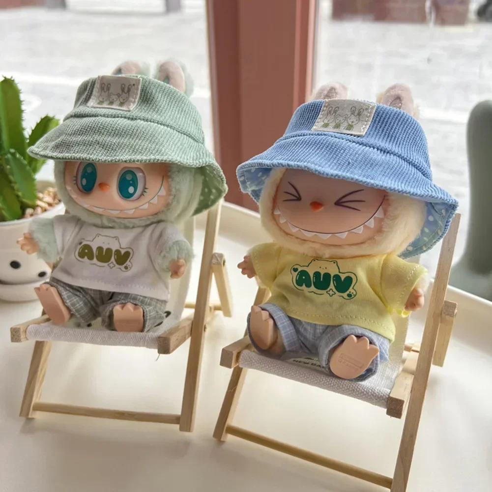 For Labubu T-shirt Pants Set Leisure Style 17cm Mini Plush Doll Clothes Outfit Idol Hat Clothing Gift Doll Accessories