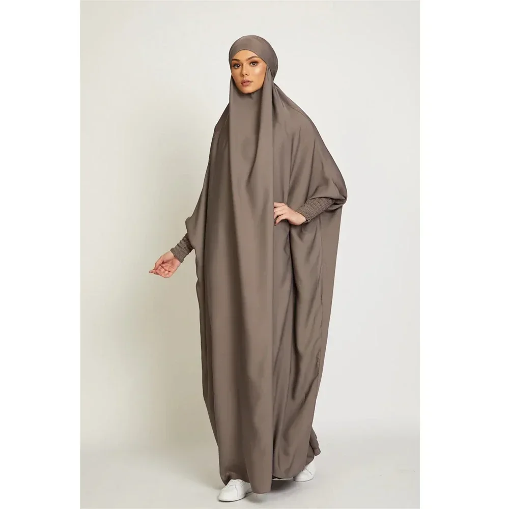 

Ramadan Muslim Women One-piece Prayer Dress Hooded Abaya Smocking Sleeve Islamic Clothing Dubai Saudi Solid Robe Turkish Modesty