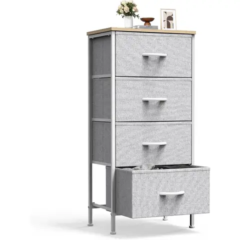 Sweetcrispy Nightstand Small Bedroom Dresser With 4 Fabric Drawers,Bed Side Furniture End Table,Wooden Top Cabinet Night Stand D
