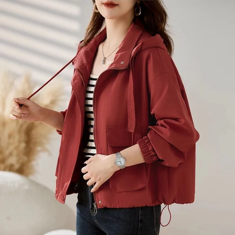 سترة نسائية بلون سادة سترة واقية من الرياح موضة قصيرة فضفاضة على الطراز الغربي كاجوال بقلنسوة #2