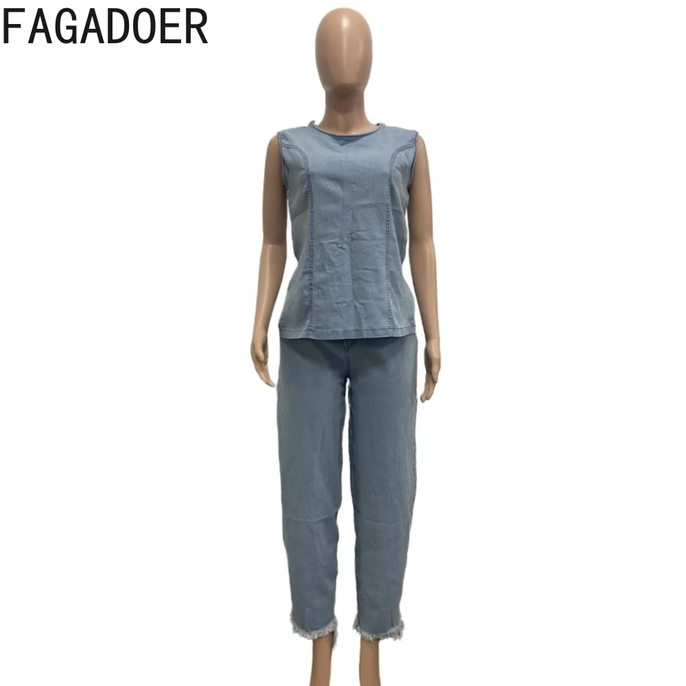 FAGADOER Blue Autumn Solid Color Denim Two Piece Sets Women Round Neck Sleeveless Loose Top And Wide Leg Pants Outfit Streetwear