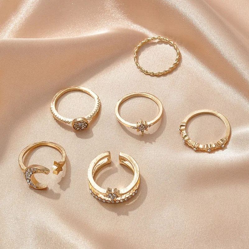 

6-piece Ring Set 2024 Europe and The United States Cross-border Fashion Trend Simple Jewelry Wedding Gift Stars Moon Diamond Set