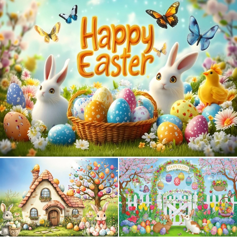 Happy Easter Cartoon Backdrop Spring Archway Flower Wall Rabbits Eggs Birthday Festival Party Decor Photography Background Props