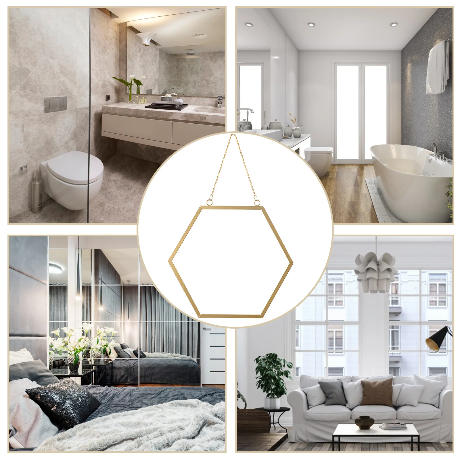 モダンな六角形の壁掛けミラー、鉄製フレームの装飾的な化粧鏡、バスルーム、寝室、リビングルーム用の小さな壁掛けミラー