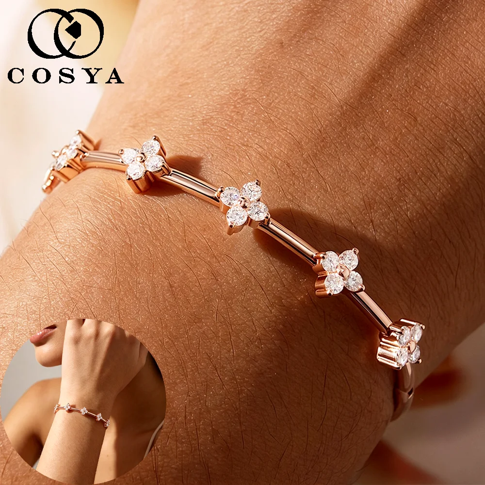 COSYA Bracelet jonc en moissanite fleurie de 2,5 mm pour femme, plaqué argent S925, or 18 carats, trèfle, diamant de laboratoire, bijoux de luxe, cadeau