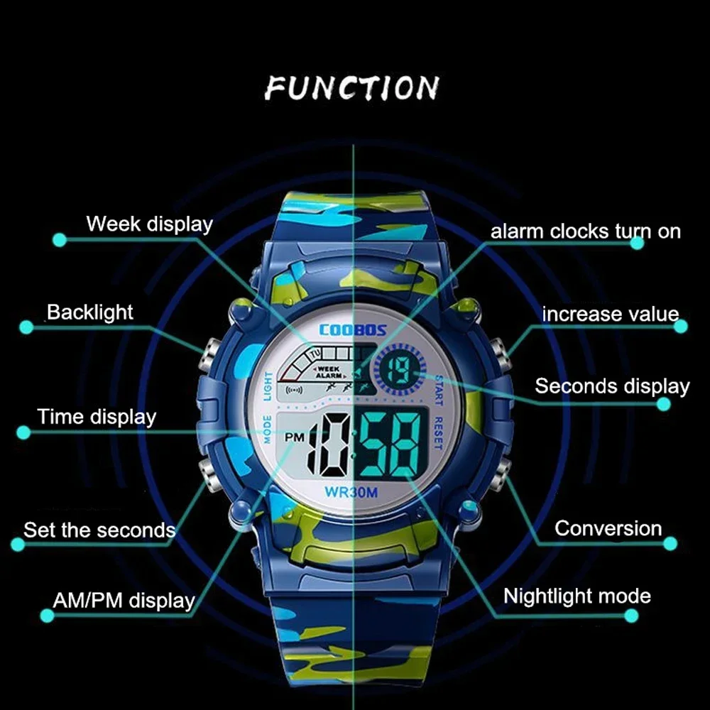 2024 Fashion LED Digital Watch for Kids Small Dial Luminous Sports Electronic Wristwatch Week Display Clock for Children