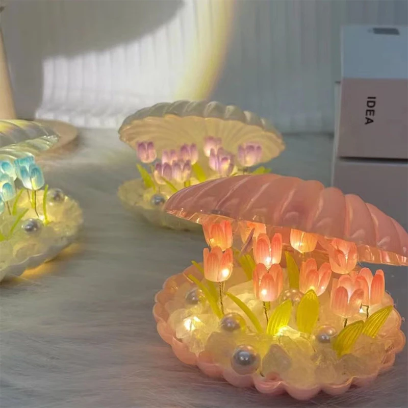 Shell TULIP Night โคมไฟทําด้วยมือ DIY Home Decor ห้องนอนบรรยากาศสาวของขวัญวันเกิดวันวาเลนไทน์