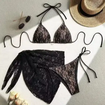 

2026 Woman Fashion New Black Bikini Lace Three Piece Set Bikini Casual Slim Three-point Swimsuit Strap Swimsuits