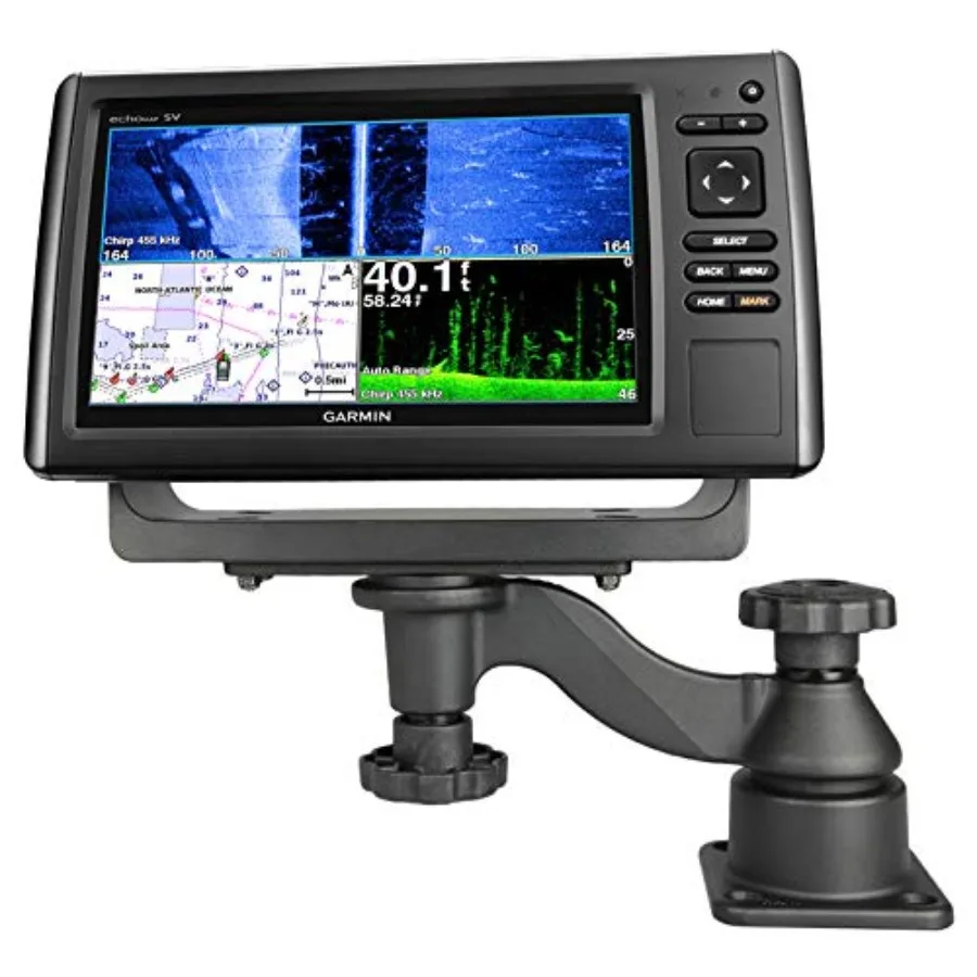 Marine electronics mount for GPS and chartplotters: aluminum, black, adjustable dual-arm swing arm with base for boat use