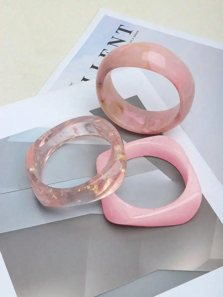 

3-Piece Pink Acrylic Bangle Set With Marbled And Foil Effects, Minimalist Stackable Design For Casual And Vacation Styling