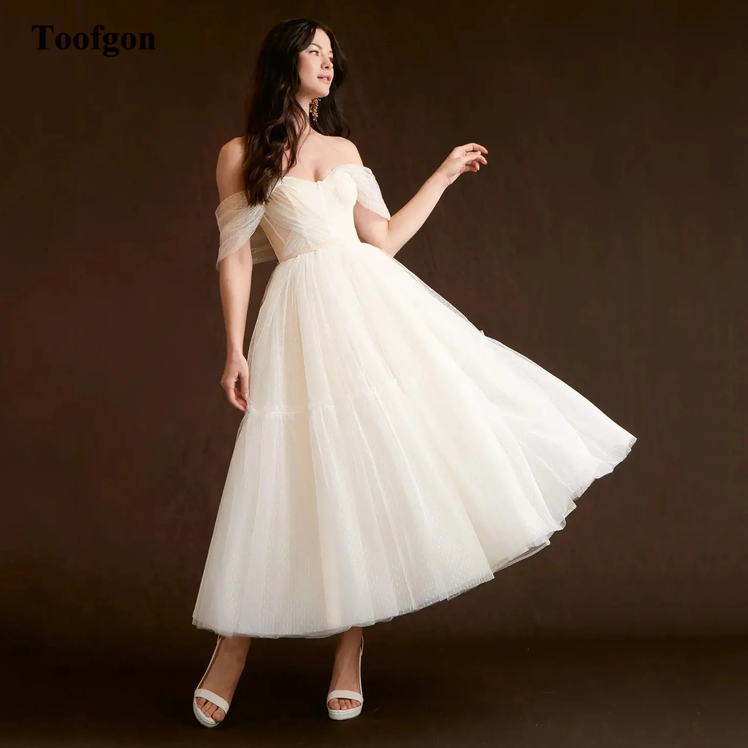 

Toofgon A Line Polka Dots Tulle Midi Bride Wedding Dresses Off The Shoulder Ankle Length Prom Party Dress Formal Bridal Gowns