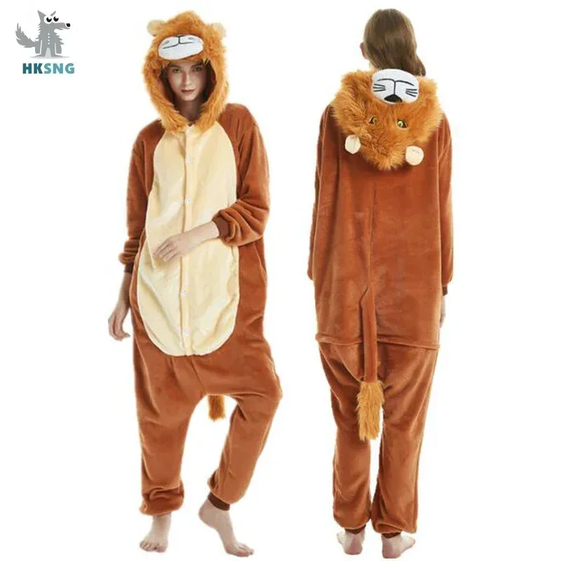 Kigurumi Leone adulto Onesies Pigiama cartone animato Animale Costume da festa di Halloween Tute Pigiama con cappuccio Completo