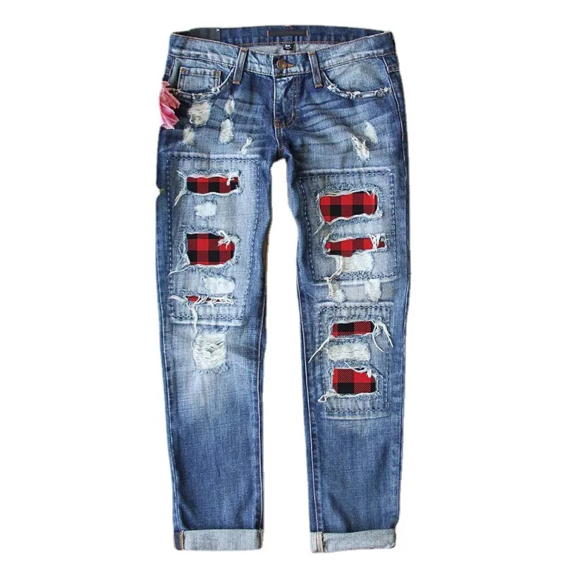 JY Ladies' personalized street jeans with a straight waist and red checkered pattern, polished with holes, ladies' denim pants