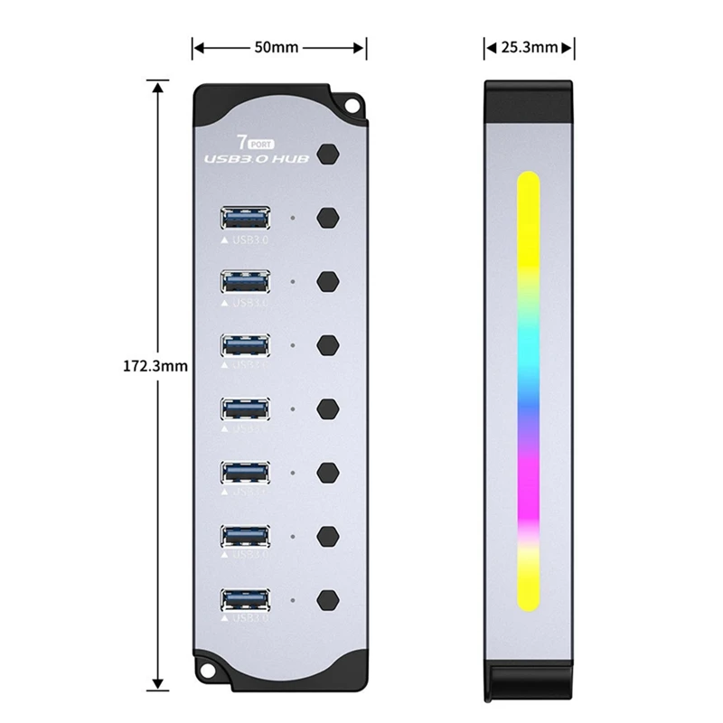 USB 3.0 허브, LED 스트립이 있는 7 포트 RGB 허브, 동적 모드, 스위치, PC용 알루미늄 케이스 허브, 노트북 EU 플러그