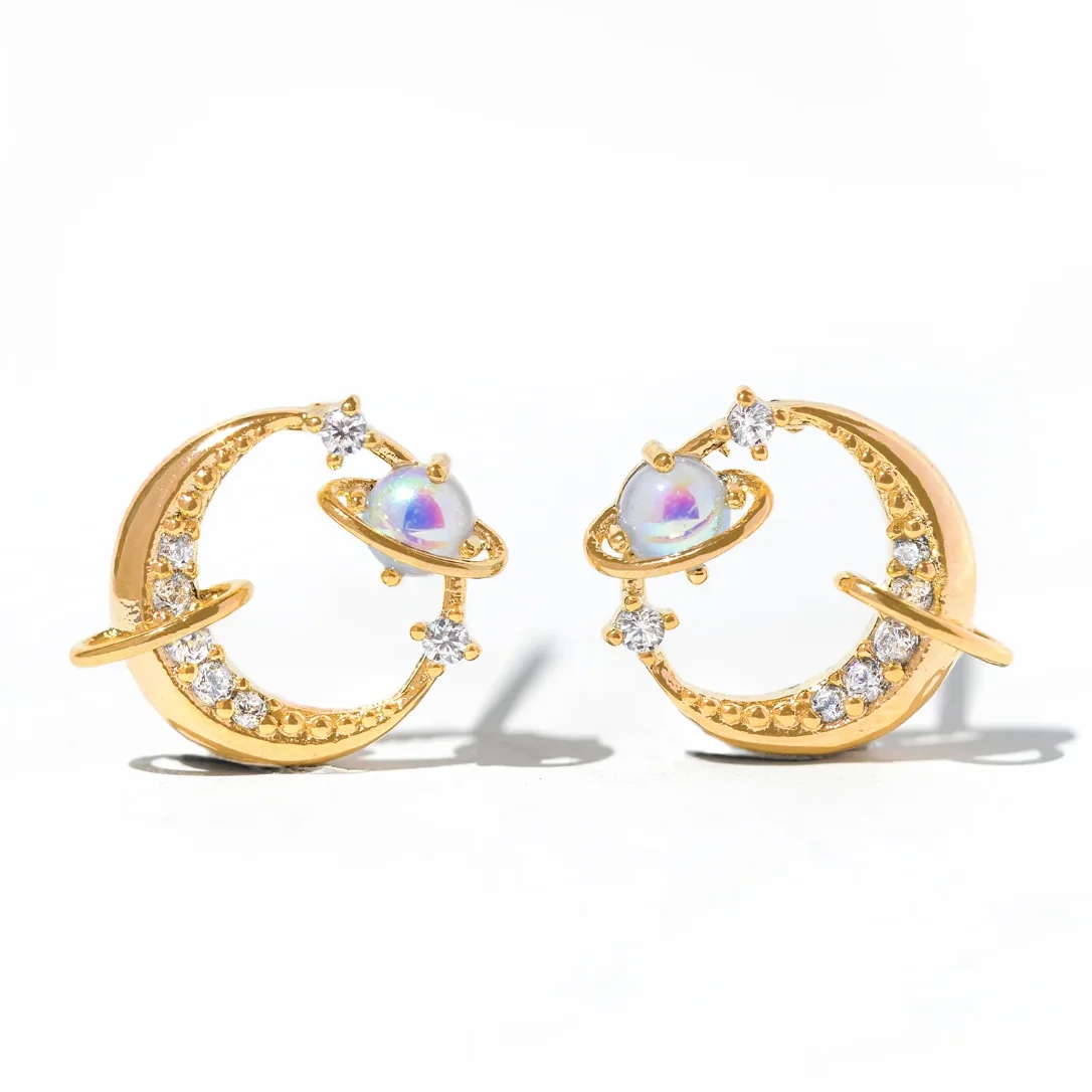 925 srebrna igła delikatne słodkie cyrkonie księżyc planeta kolczyki dla kobiet biżuteria dziewczęca prezent