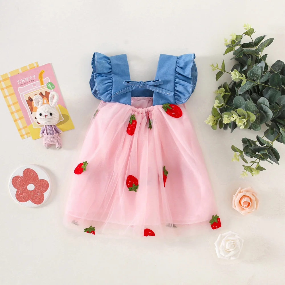 Summer Baby Girl Dress With Mesh Fruit Strawberry Prin Bow Sweet Beauty Baby Dress (0-3 Years Old)