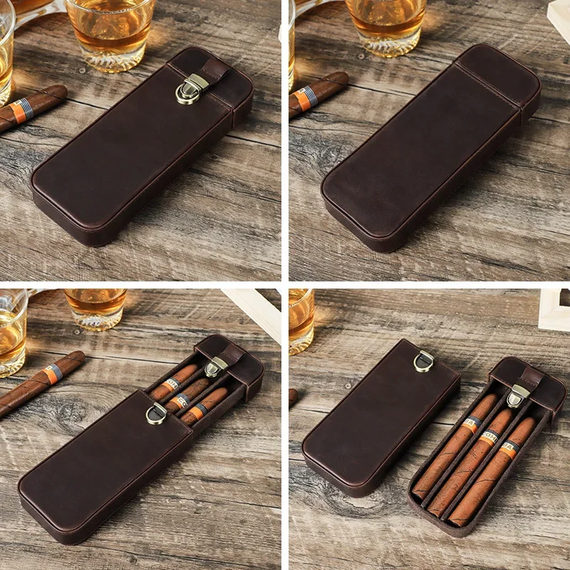 Handmade Genuine Leather Cigar Case Vintage Premium Travel Case Storage For 3 Cigars Humidor Cigar Accessories Men\'s Gift