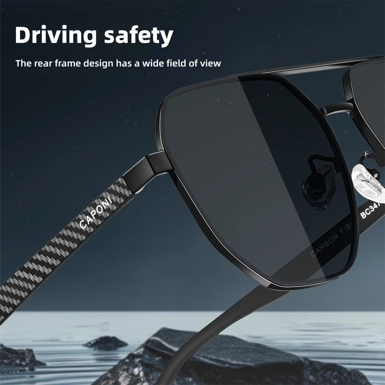CAPONI Polarized Men Sunglasses Original Design Carbon Fiber Outdoor Driving Sun Glasses Anti Glare UV400 Black Shade CP34731