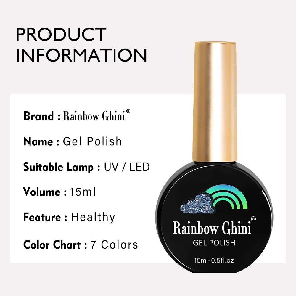 Rainbow Ghini 15ml Sprankelende nagelgellak Glanzend Kleurrijk Semi-permanent UV LED Losweken Hybride vernis Nagel Alles voor manicure
