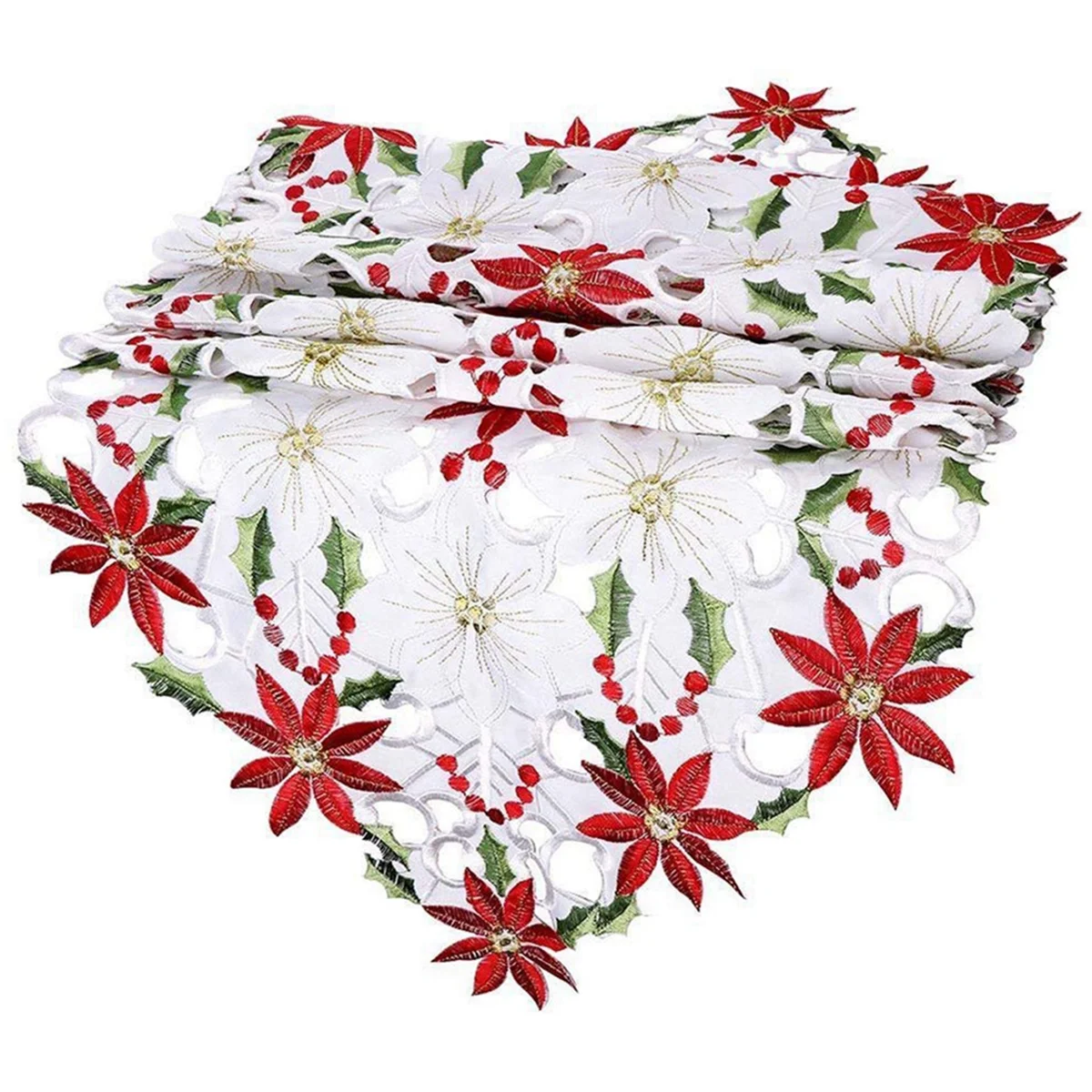 Christmas Table Runner, Poinsettia Holly Leaf Embroidered Table Linens for Christmas 15 X 53 Inch