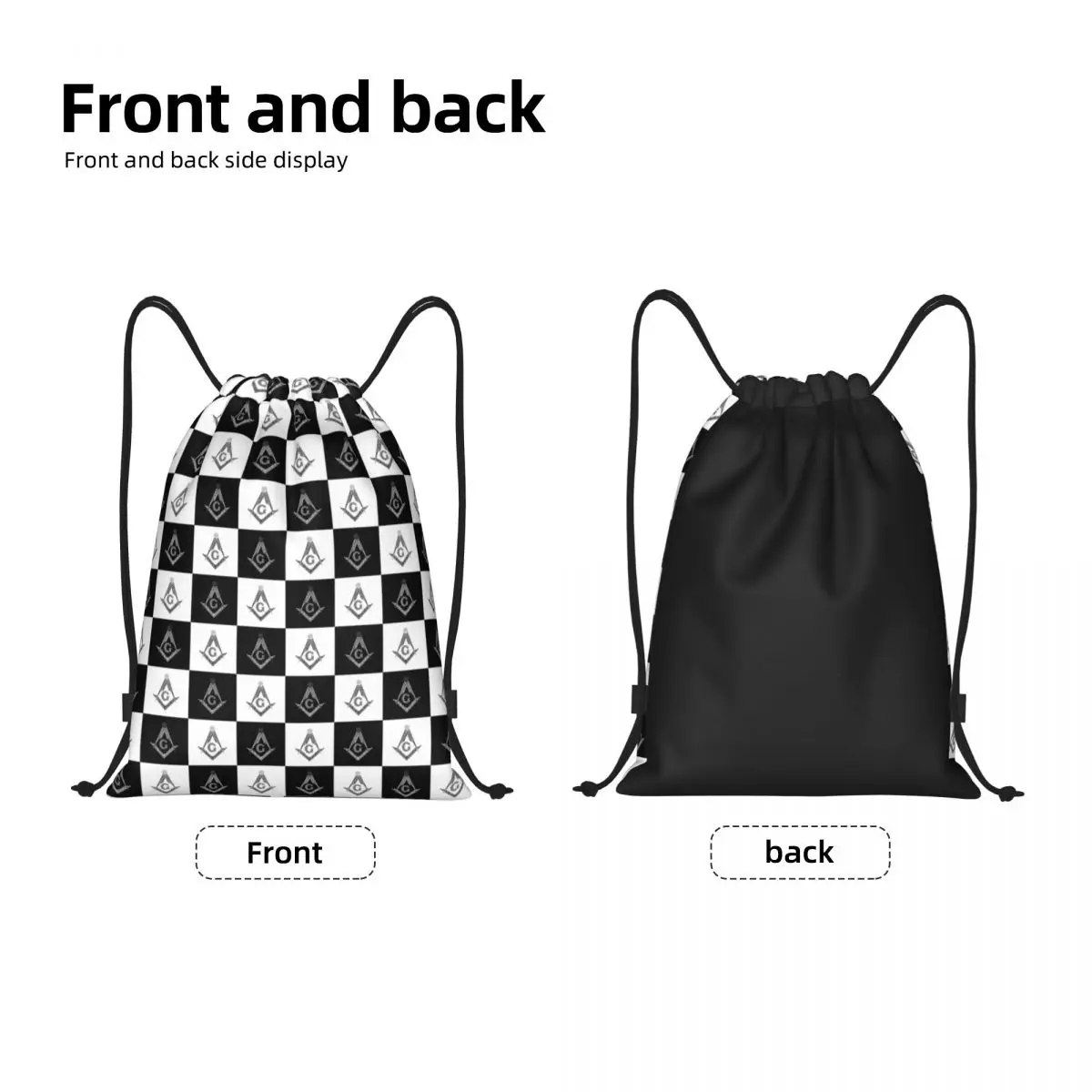 Freemason Checkered Drawstring Mochila, Esporte Gym Sackpack, Portátil maçônico Mason Training Bag, Padrão preto e branco