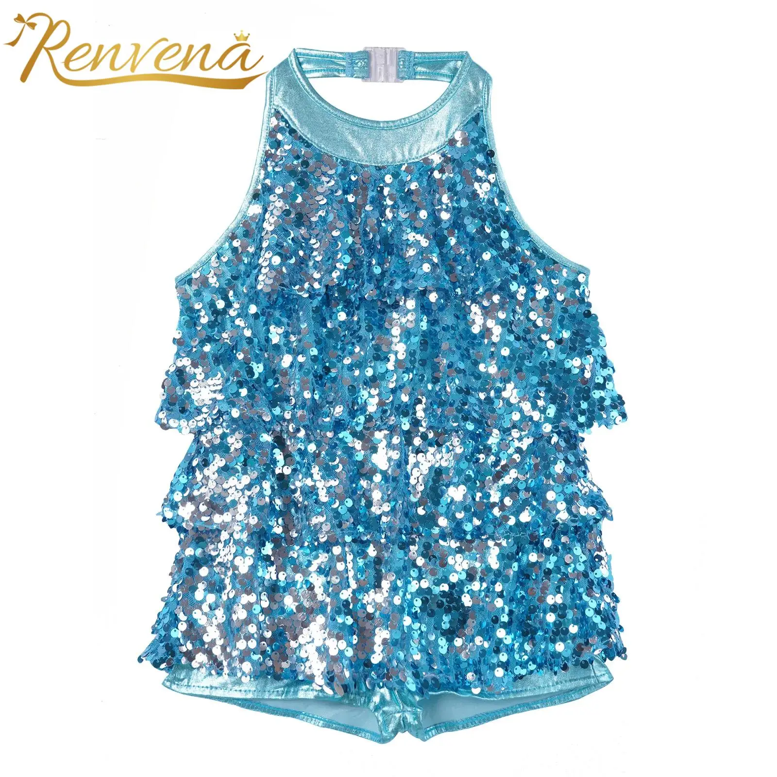 Kids Girls Ballet Leotard Modern Jazz Latin Dance Costume Teens Halter Shiny Sequins Shorty Unitard Clothing Children Dancewear