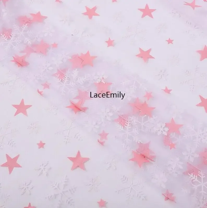 Tessuto di pizzo con motivo fiocco di neve stelle rosa Tessuto di tulle morbido con stampa fiocco di neve bianco stelle blu per abito da sposa vestito da ragazza bambino