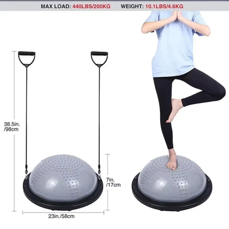 Indoor Gym Fitness Equipment 58cm Anti Burst Pilates Yoga Exercise Half Bosuing Balance Ball With Resistance Bands