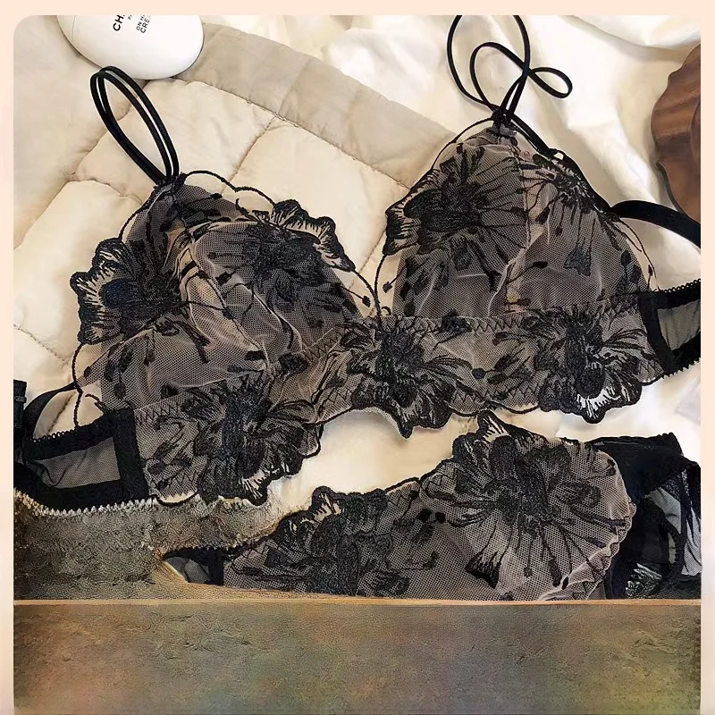

Sexy Ultra-Thin Bra Set Women's Pure Desire Underwear Small Chest Illusion Big Boob Show Transparent Polyesther Gathered Bra