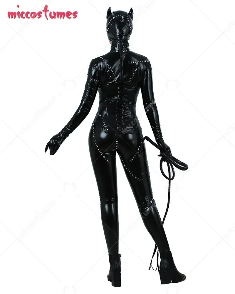 Miccostumes-Disfraz de gato Delux para mujer, Catsuit negro de cuerpo completo, Parche de látigo con cremallera, disfraz de Halloween