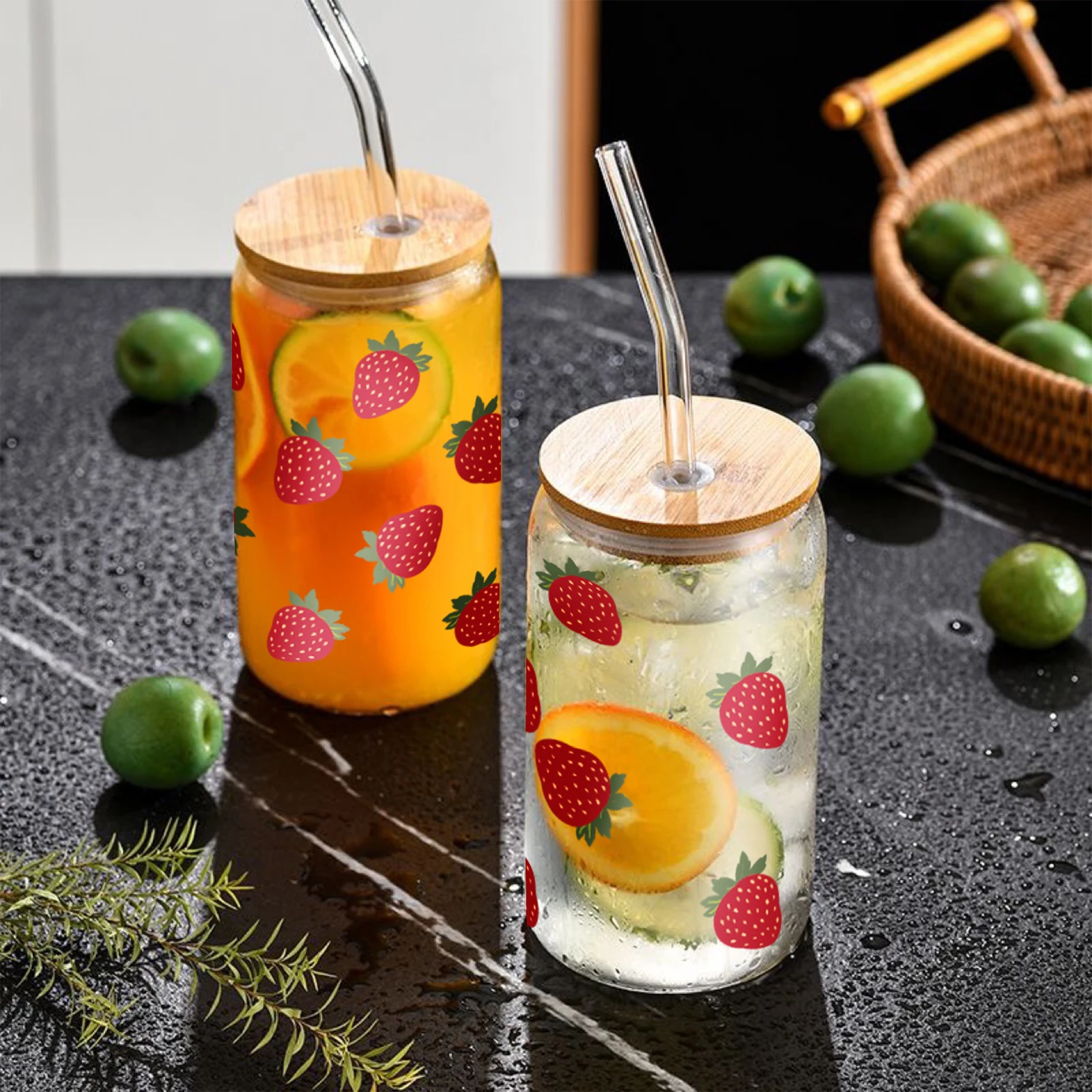 1pc Bee Sunflower Pattern 3d Printed 16oz Glass Cup With Lid&Straw Soda Can Coffee Cup Drink Barware Iced Coffee Lover Gift