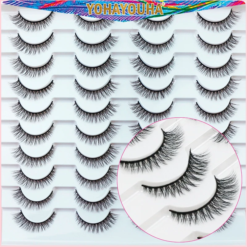 

YOHAYOUHA Short Wimpers 10mm Cat Eye Whispy Lashes Strip Natural Thin Band Faux Cils Marron Golfen Eyelashes Color Minks Fluffy