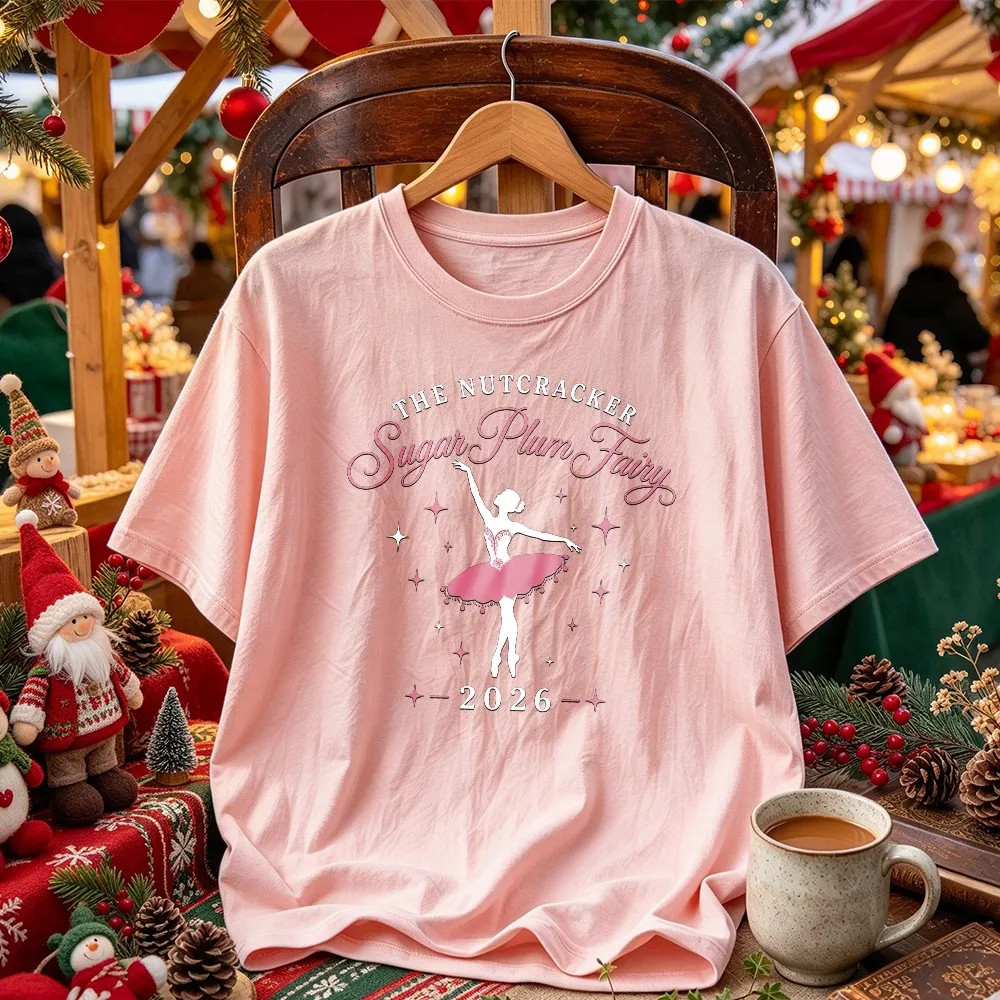 The Nutcracker Sugar Plum Fairy 2026 Graphic Tee Ballerina Silhouette Sparkle Star Christmas Ballet Performance Casual T-shirt