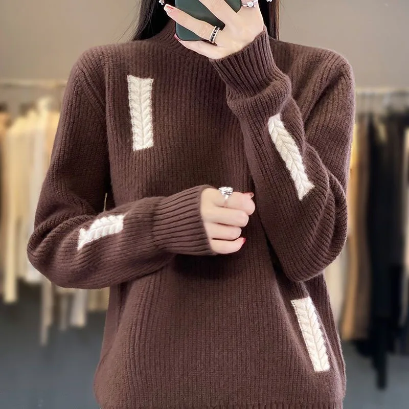 

New Autumn and Winter Fashion Trend Colored Half High Neck Thickened Loose Versatile Western Women's Knitted Long Sleeve Sweater